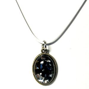 Handmade Black Resin Iridescent Pendant Necklace 20" Waxed Cord NEW